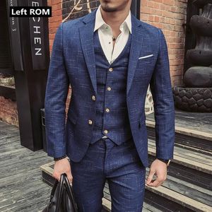 Abiti da uomo Blazer Giacca Gilet Pantaloni Boutique di moda Uomo Plaid Abito formale da lavoro Set 3 pezzi Abito da sposa casual di fascia alta 231216