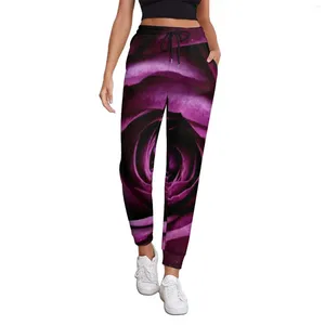 Kvinnor Pants Flower Print Jogger Spring Purple Rose Classic Sweatpants Women Korean Fashion Design Byxor Big Size 3xl