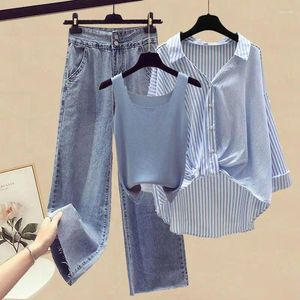 Women's Two Piece Pants Women's Clothing Age Reducing Set For Spring Summer 2023 Arrival Shirt Coat With Tank Top Wide Leg Jeans Three