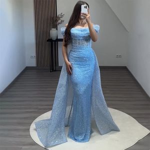2024 Luxury Sequins Evening Pageant Dress With Overskirt Off The Shoulder Beads Woman Prom Formal Gowns Custom Made Vestidos De Gala Robe De Soiree