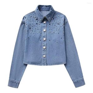 Kvinnors blusar 2023 Fashion American Rhinestone Decoration Denim Short Vintage Long Sleeve Button Shirt Blusas Unique Top