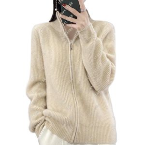 2024 Y2K-Cardigan-Pullover für Damen, gepolsterte feste Wolle, Reißverschluss vorne, locker gestrickter Boden, gemütliche Baumwollmischung, schmale Passform, S-XXL, Cremegrün, Tan, Grau, Weiß, Schwarz