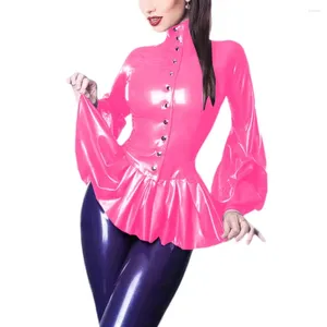 Women's Blouses Glossy PVC Turtleneck Single Breasted Ruffles Hem Shirts Faux Latex Full Sleeve Blouse Slim Fit Tops Vintage Gothic 7XL