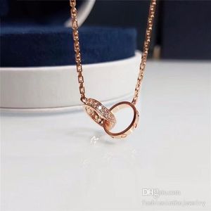 Fashion Necklace Designer Jewelry luxury party Sterling Silver double rings diamond pendant Rose Gold necklaces for women silver 92660