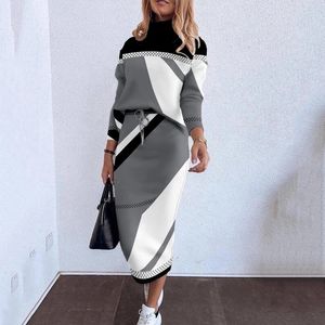 Two Piece Dress Autumn Winter Printing Women Dress Suits Fashion Casual Loose Pullovers and Drawstring Slim Skirts Female Two Piece Sets 231216