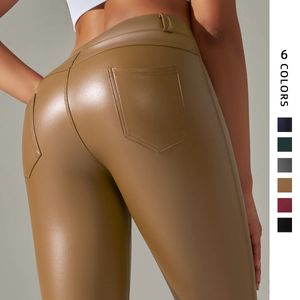 Calças masculinas outono inverno fino veludo mulheres pu leggings de couro cintura alta colorido magro sexy apertado magro com bolso 231216