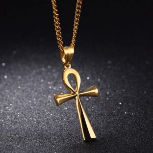 Amulett-Anhänger, ägyptisches Ankh-Kruzifix, Halsketten, Anhänger, 14 Karat Gelbgold, Symbol des Lebens, Kreuz-Halsketten, Schmuck, Geschenke, Ketten