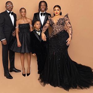 فاخر زائد الحجم Aso ebi Prom Dresses Black Long Sleeves Mermaid Lace Evening Ords for Black Africal Ferican Women Nigeria Birthday Party Dongant