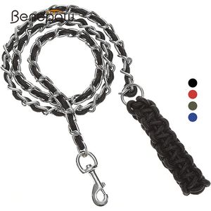 Hundhalsar Leases Benepaw Heavy Duty Metal Chain Dog Leash Mjuk anti Bite Nylon flätad handtag Pet Lead Training Rope Leads för medelstora stora hundar 231216