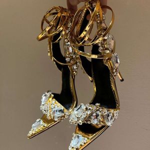 Women Dress Shoes Metallic Crystal embellished Ankle-Tie Sandals stiletto tom ford Heels Party Evening shoes open toe Calf Mirror leather luxury designers XCOY 1042