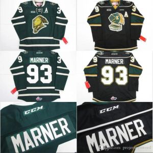 하키 #93 Mitch Marner Jersey Ohl London Knights CCM Premer 7185 Mitch Marner Mens 100% 스티치 자수 아이스 하키 유니폼 그린 블랙