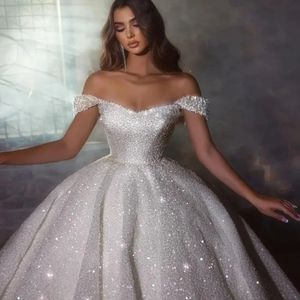 Stunningbride 2024 Affascinante brillante sexy senza spalline collo pizzo abito da ballo abito da sposa brillante perline di lusso al largo della spalla abito da sposa principessa