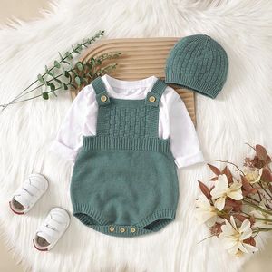 Rompers född baby bodysuits 0-18m casual solid ärmlösa spädbarn barn pojkar flickor onesie kropp hattar kläder set småbarn stickade slitage