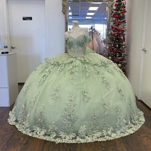 Lusso Vestido De 15 Anos Verde salvia Abiti Quinceanera Applique Perline di pizzo Sweetheart Ragazze messicane Sweet 16 Birthday Party Dress