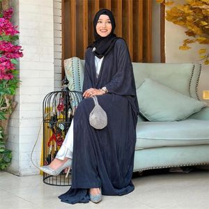 Etnik Giyim Müslüman Kadınlar Açık Abaya Harki Maksi Elbise Piled Dubai Eid Partisi Kimono Bat Sleeve Loose Kaftan Fas Jalabiya Vestido