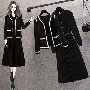 Vestidos de trabalho feminino primavera outono em conjunto combinando coreano elegante preto malha cardigan casaco de manga comprida vestido de duas peças terno feminino