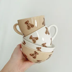 Mugs Korean Ceramic Rice Bowls Cute Cream Bear Couple Coffee Cup Ice Bowl Breakfast Bread Milk Mug Household Tableware