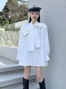 Women's Blouses Spring 2024 White Black Cotton Shirt Bow Fashion Mid-length Scarf Collar Retro Bubble Sleeve Blouse Top