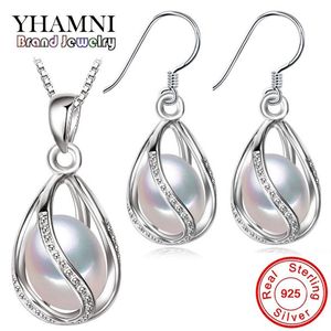 YHAMNI Natural Pearl Jewelry Sets 925 Sterling Silver Water Drop Earrings Necklace Sets for Women Bridal Wedding Jewelry TZ0110326z