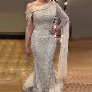 2024 Luxury Evening Pageant Dress One Shoulder Pearls Beaded Sequins Mermaid Woman Prom Formal Gowns Arabic Dubai Vestidos De Gala Robe De Soiree