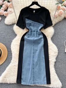 Casual Dresses Temperament Kontrast Färg Patchwork Denim Dress for Women mode Kort ärm O-Neck Kvinna 2023 sommar