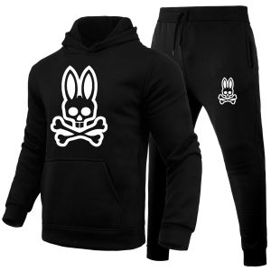 بدلة رجال الأزياء المليئة بالملصقات الشبح Rabbit Print Hoodie + Sweatpants Suit Outdoor Lawging Winter Fleece Warm 2 قطع متوفرة بألوان متعددة وأحجام S-3XL