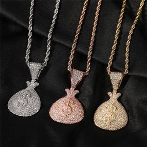 Iced Out US Dollar Bag Sign Purse Pendant Necklace Gold Silver Plated Mens Bling Jewelry Gift268b