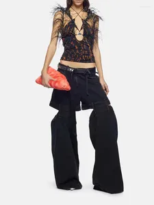 Kadınlar kot y2k ilkbahar/yaz ekleme içi boş açılış kepçe kesim pamuk denim2023 moda yüksek bel düz geniş leglarge femme pantolon