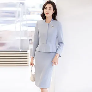 Two Piece Dress Elegant Women Pencil Skirt Suit 2023 Korean Blue Black Orange O-Neck Formal Business Office Ladies Blazer Jacket 2 Set