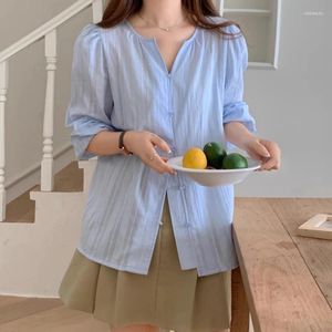 Women's Blouses Japan Style Elegant Blue Shirts V-neck Top Lady Loose Long Puff Sleeve Shirt Womens 2023 Spring Autumn Pullover Mujer