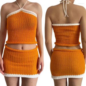 Work Dresses Women Knit Two Piece Skirt Sets Summer Clothes 2023 Contrast Color Tie-up Halter Backless Vest Crop Top And Low Waist Mini