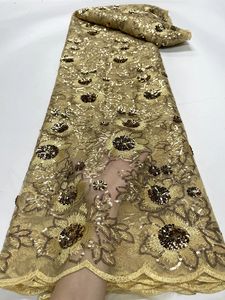 Stoff und Nähen, luxuriöses Hellgold, hochwertige afrikanische Spitze, französische Netz-Pailletten-Stickerei, Tüll für Nigeria-Kleid, 5 Yard J962 231216