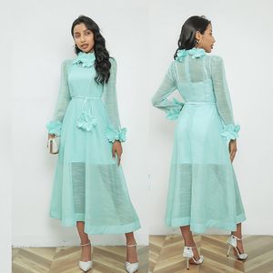 Tasarımcı Çiçek Dantel Yukarı Parti Elbise Balgown Robe Petal Kol Mock Boyun Kadın Keten Tatil Fit Boho Maxi Elbiseler 2024 Bahar Sonbahar Pist İnce Yüksek Bel Frocks