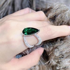 Bröllopsringar Franska vintage Elegant Teardrop Emerald Gemstone Women's Sterling Silver S925 Open Ring Engagement Bride Special Gift