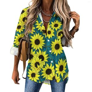 Women's Blouses Sunflower Print Casual Blouse Long-Sleeve Yellow Flowers Vintage Streetwear Oversized Shirts Design Top Birthday Gift