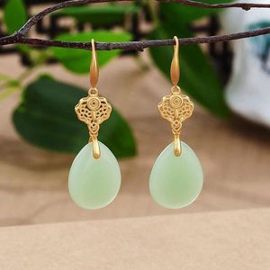 Stud Earrings Ancient Gold 925 Sterling Silver Green Chalcedony Retro Style National Fashion Simple Large Water Drop Chinese
