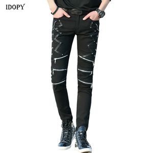 Мужские брюки Idopy Fashion Slim Fit в стиле панк Черные лоскутные кожаные молнии Танцевальный ночной клуб Готические крутые джинсы Брюки для мужчин 231218