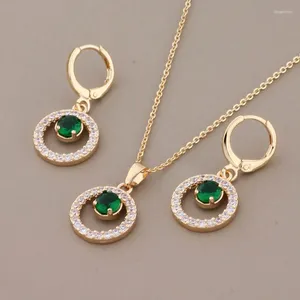 Necklace Earrings Set Trend 2023 Gold Color Cute Round Sets For Women Green Zircon Accessories Daily Girls Gift