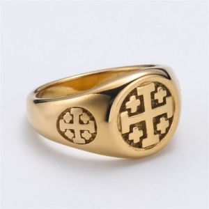 Band Rings Gold Color Jerusalem Cross Ring Stainless Steel Religious Vintage Five Crosses Crusader Jewelry Georgia Symbol Jewelry for Men 231218