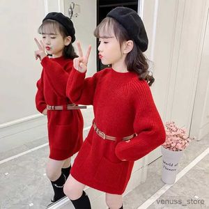 Vestidos da menina novas meninas vestido de camisola com cinto crianças vestidos de malha bebê manga comprida topo inverno crianças vestidos roupas outono