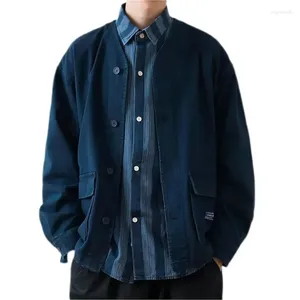 Jaquetas masculinas Japão estilo v-pescoço homens indigo denim jaqueta único breasted 2023 primavera outono areia lavagem casaco com bolsos frontais