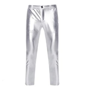 Pantaloni da uomo PU finto moto pantaloni a gamba dritta argento lucido rivestito metallizzato uomo discoteca costume di scena Homme 231218