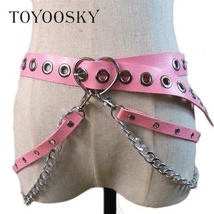 Frauen Gothic Punk Herz Form Gürtel Für Frauen Street Fashion Rock Hip-hop Mit Zwei Kette Taille Gürtel Ins zweite Rindsleder Toyoosky C1291h