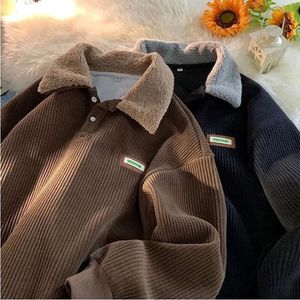 Kvinnors hoodies hiphop haruku corduroy polo krage överdimensionerad tröja preppy streetwear lös pullover tjocka veet vinterkläder