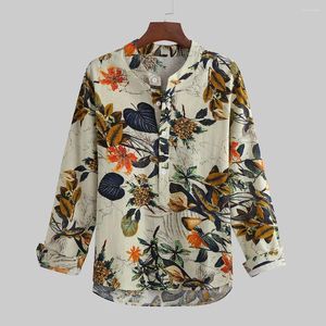 Camicie casual da uomo Camicia da uomo a maniche lunghe Henley Hawaiian Aloha Plant Print Summer Fashion Colletto alla coreana Top Abbigliamento per le vacanze