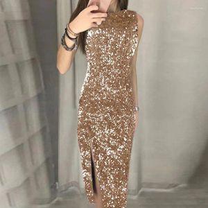 Casual Dresses Sexy Irregular Club Party Dress Women's Fashion Sequins Side Split A-line Elegant O Neck Hollow Out Sleeveless Long