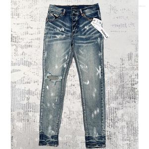 Męskie dżinsy jeansowe zima moda fioletowa marka szczupła długie spodnie mężczyźni klasyczne białe graffiti oryginalne etykieta dżinsowe spodnie