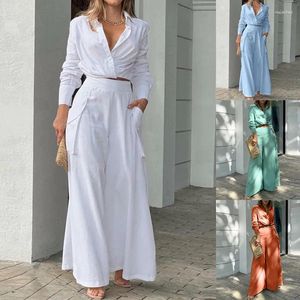 Women's Two Piece Pants Elegant Women's Long Skirt Suit 2023 Ins Style Temperament Commuter V-Neck Trendy Shirt Casual Wide-Leg