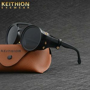 Solglasögon Keithion Men Steampunk Goggles Solglasögon Kvinnor Retro Shades Fashion Leather med sidosköldar Stil Runda solglasögon UV400L231218