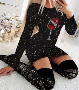 Lässige Kleider Weihnachtskleid für Frauen 2023 Herbst Mode Baum Druck Lange Hülse O-ansatz Dünne Mini Weibliche Rock